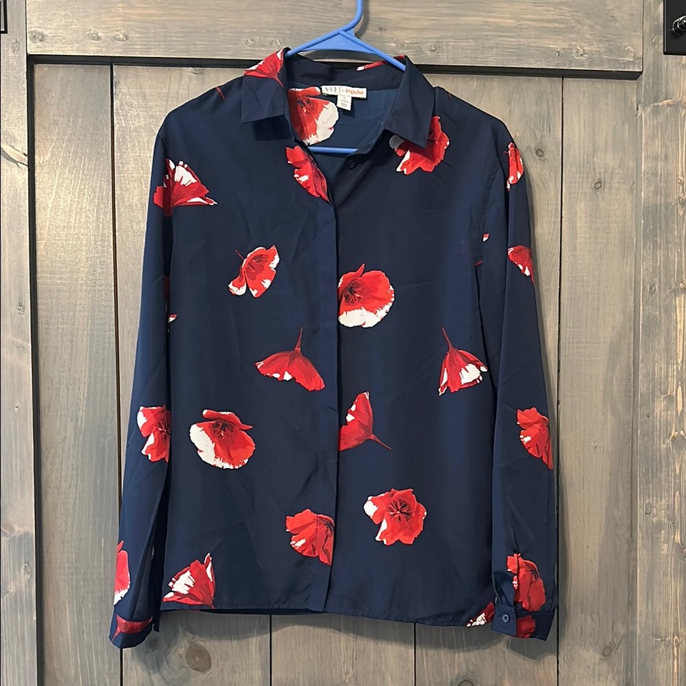 Navy Blouse with Red Floral Print